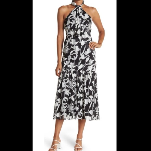 NWT: MILLY Floral Shadow Tie Halter Neck Sleeveless Dress In Magenta - Picture 10 of 11